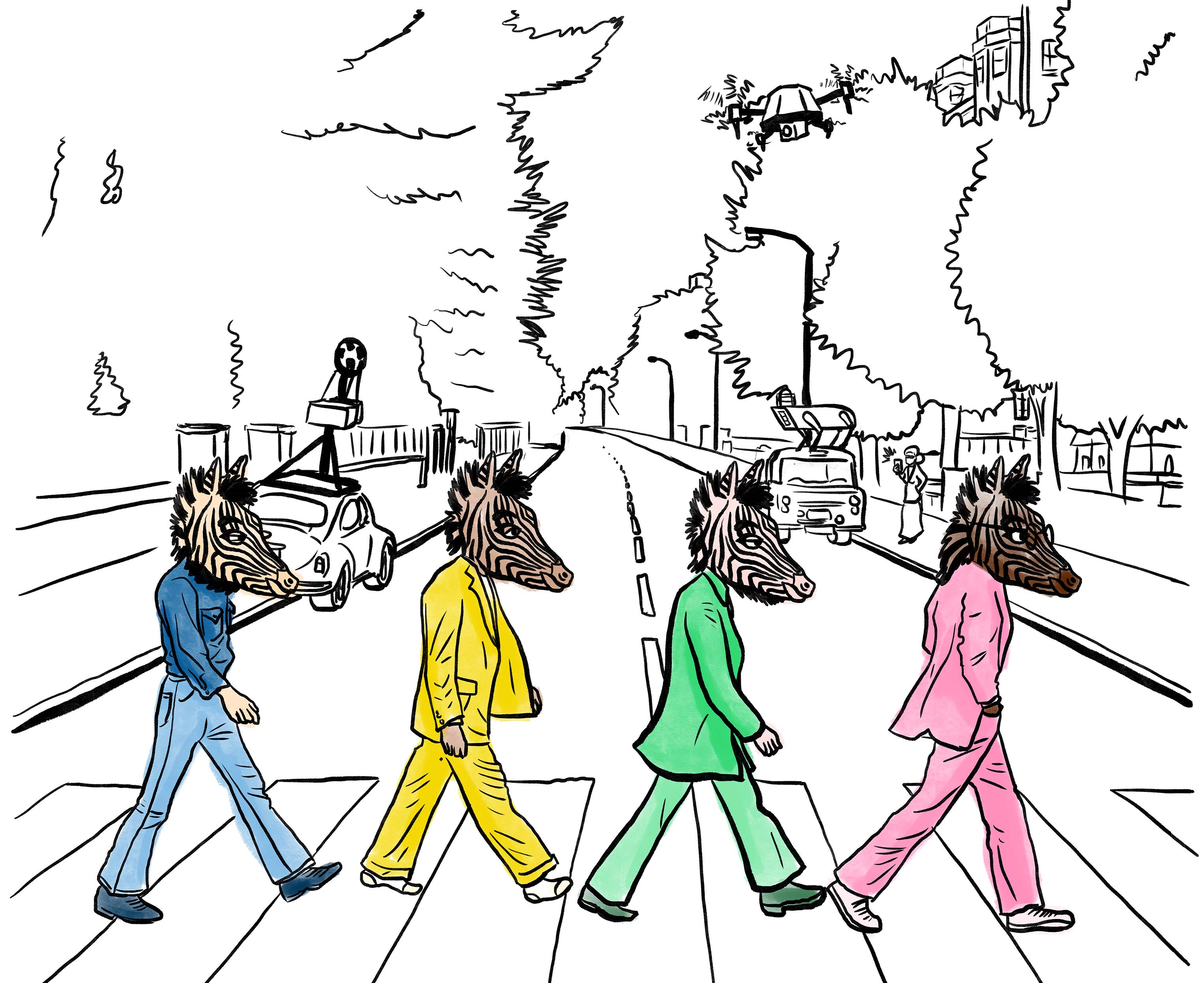 An illustration of four people with zebra heads crossing a zebra crossing in the same style and background as the Beatle's Abbey Road album cover except that there is a surveillance drone, Google Maps car and police robodog in the background