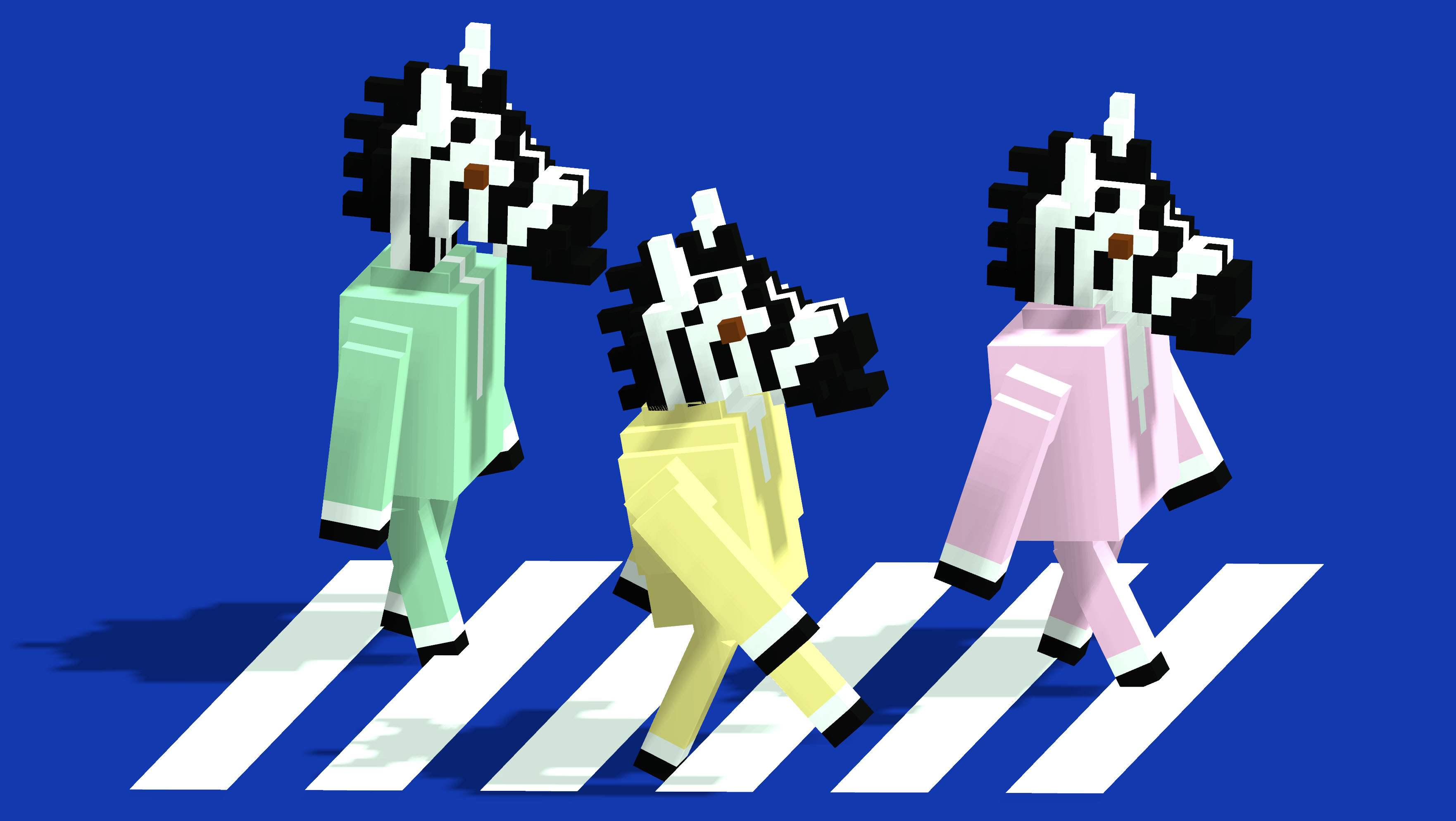 An illustration of three people with zebra heads crossing a zebra crossing in a 3D voxel art style on a blue background